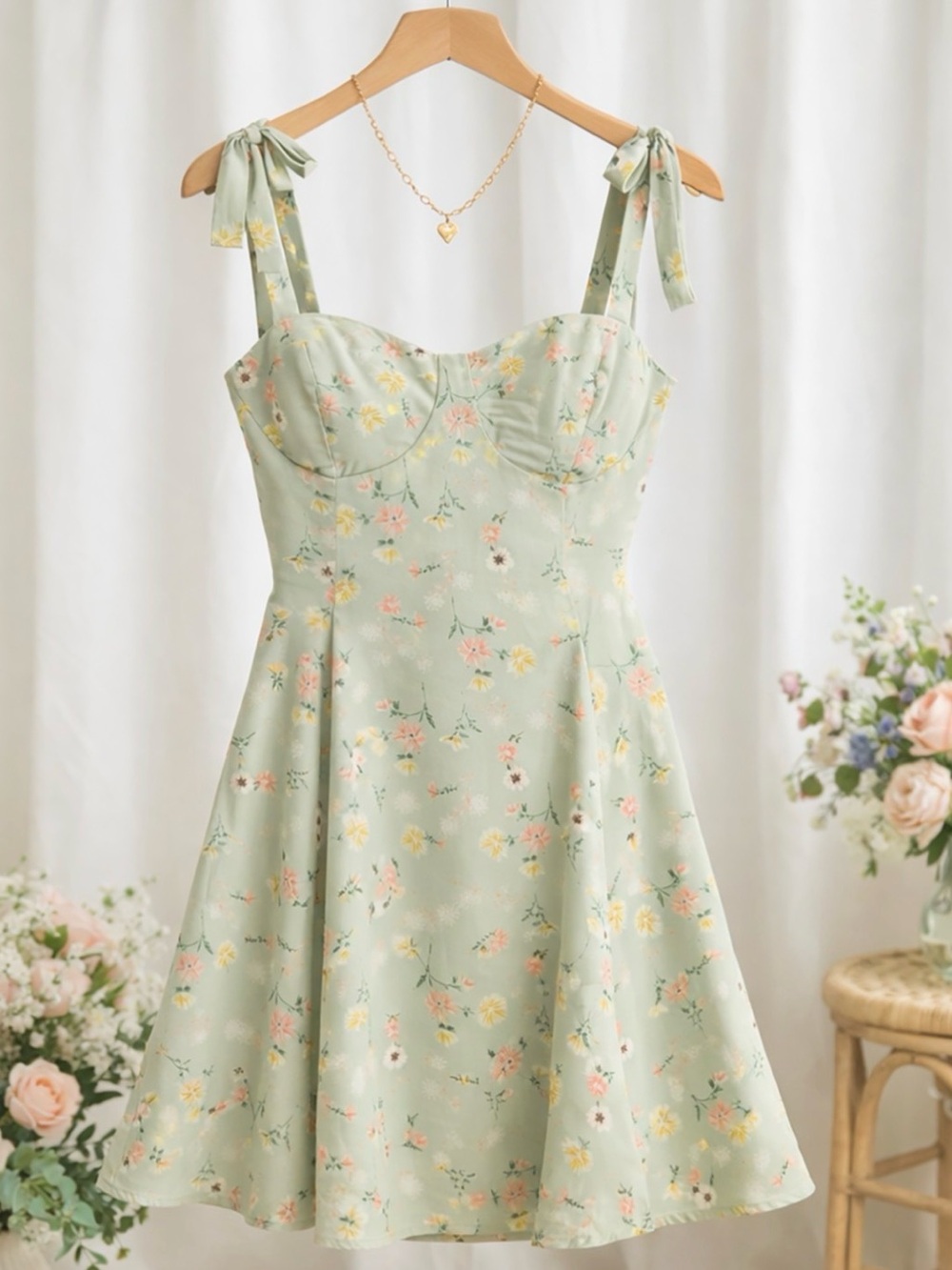 Mint Green Floral Tie-Shoulder Sundress